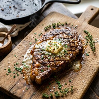 Cowboy butter steak with melting herb compound butter on rustic wooden board