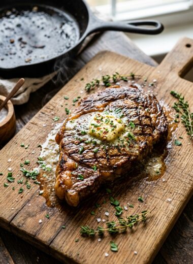 Cowboy butter steak with melting herb compound butter on rustic wooden board