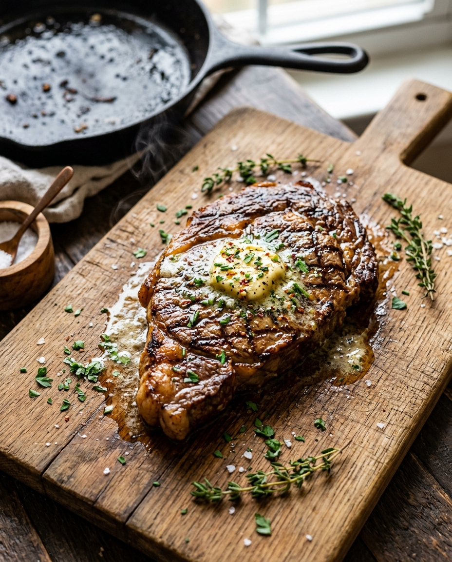 Cowboy butter steak with melting herb compound butter on rustic wooden board