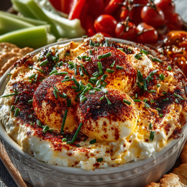 Creamy deviled egg dip garnished with paprika and chives in a white bowl, served with fresh vegetables and crackers