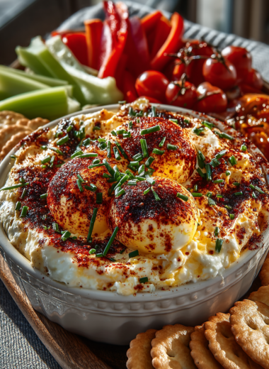 Creamy deviled egg dip garnished with paprika and chives in a white bowl, served with fresh vegetables and crackers