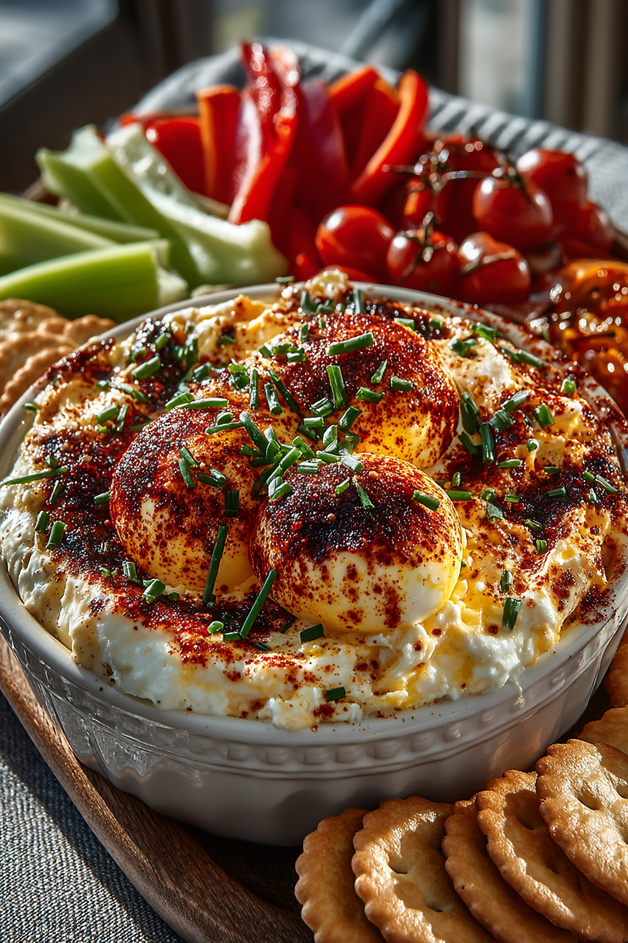 Creamy deviled egg dip garnished with paprika and chives in a white bowl, served with fresh vegetables and crackers