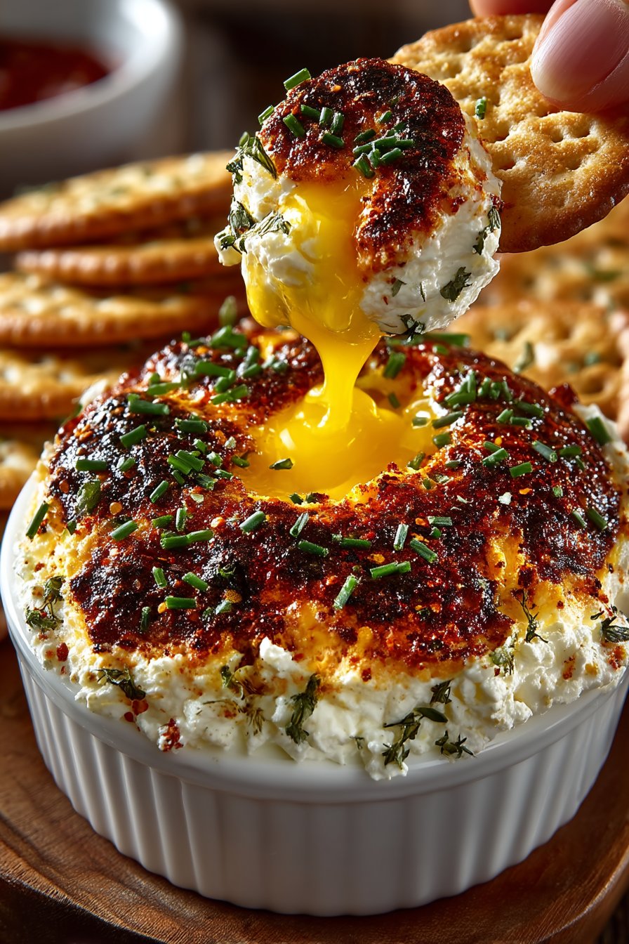 Creamy deviled egg dip garnished with paprika and chives in a white bowl, served with fresh vegetables and crackers
