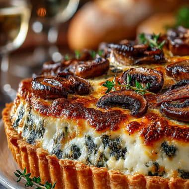 Golden French mushroom tart with crispy pastry and creamy Gruyère filling garnished with fresh thyme