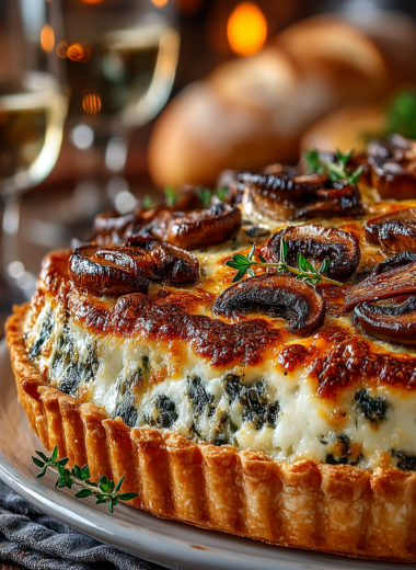 Golden French mushroom tart with crispy pastry and creamy Gruyère filling garnished with fresh thyme