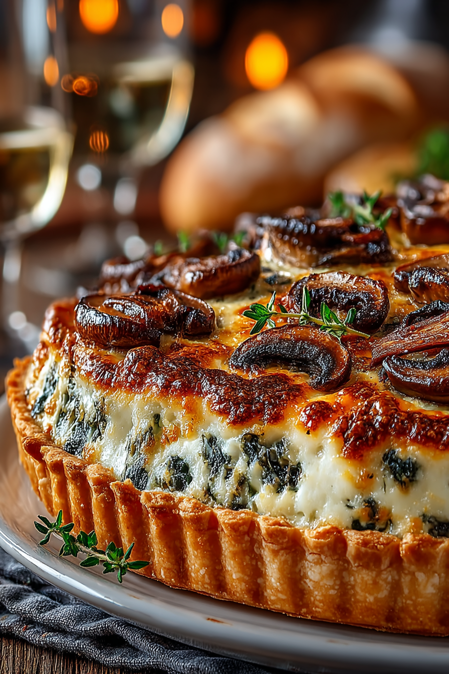 Golden French mushroom tart with crispy pastry and creamy Gruyère filling garnished with fresh thyme