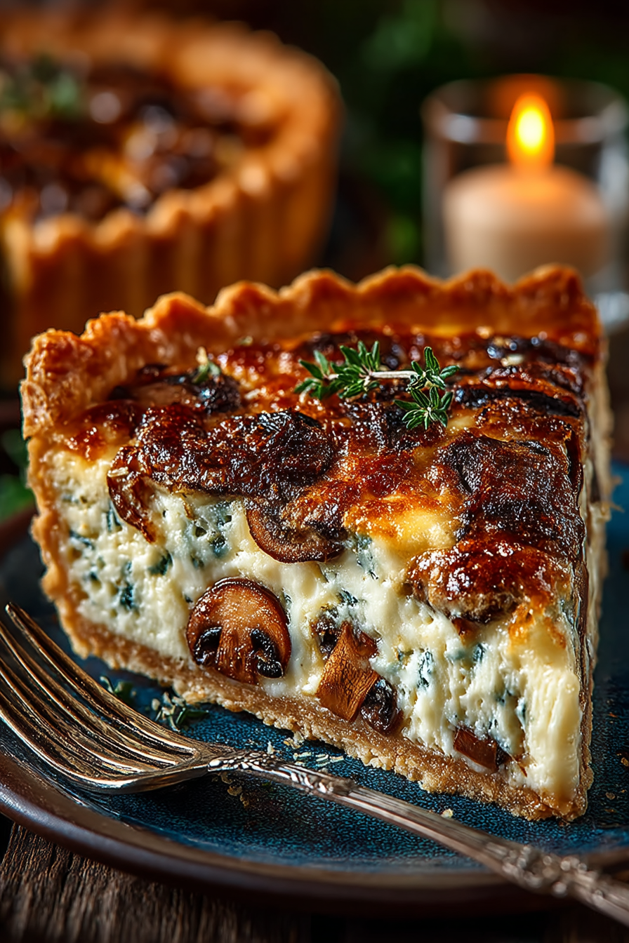 Golden French mushroom tart with crispy pastry and creamy Gruyère filling garnished with fresh thyme