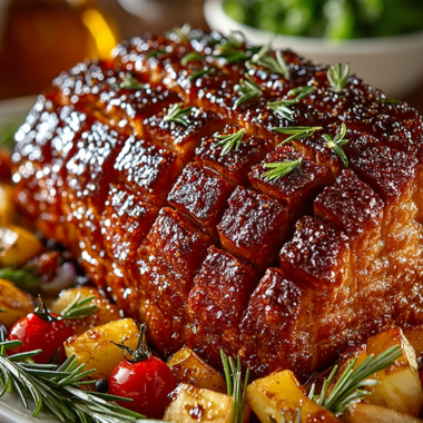 Easy glazed ham recipe with honey-brown sugar glaze, pineapple and cherry garnish