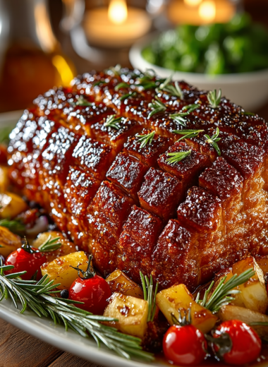 Easy glazed ham recipe with honey-brown sugar glaze, pineapple and cherry garnish