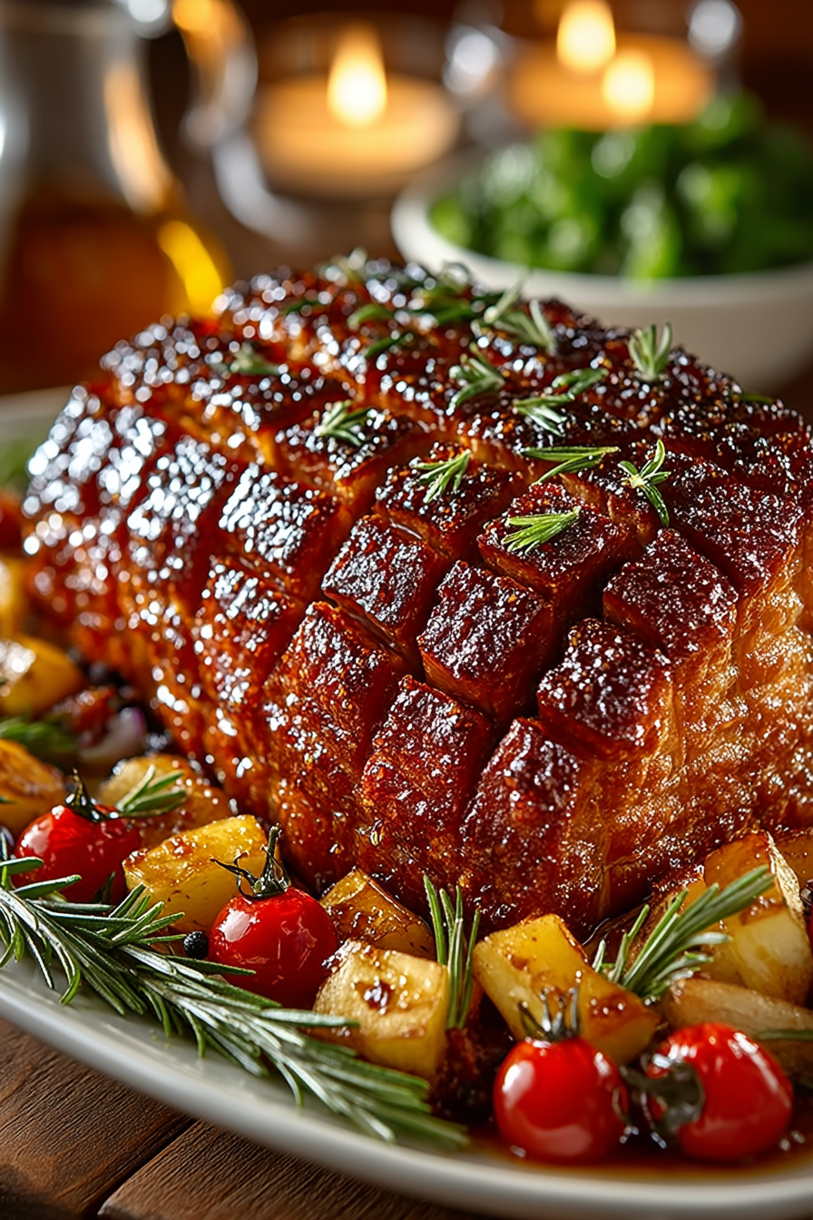 Easy glazed ham recipe with honey-brown sugar glaze, pineapple and cherry garnish