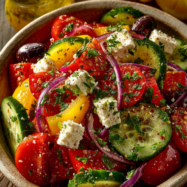 Easy Greek salad recipe with fresh tomatoes, cucumber, feta cheese, and Kalamata olives in white bowl