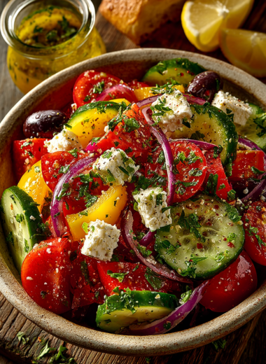 Easy Greek salad recipe with fresh tomatoes, cucumber, feta cheese, and Kalamata olives in white bowl