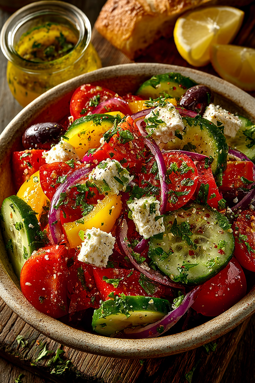 Easy Greek salad recipe with fresh tomatoes, cucumber, feta cheese, and Kalamata olives in white bowl