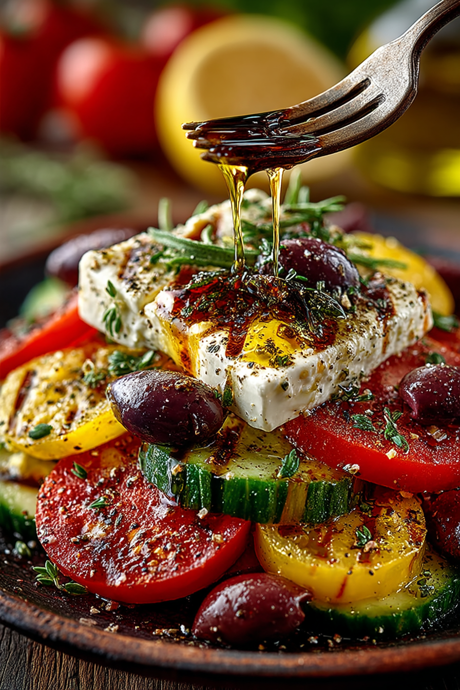 Easy Greek salad recipe with fresh tomatoes, cucumber, feta cheese, and Kalamata olives in white bowl