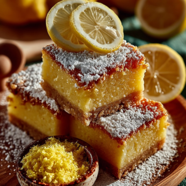 Golden buttery lemon bars dusted with powdered sugar showing crispy shortbread base and creamy filling, easy homemade dessert
