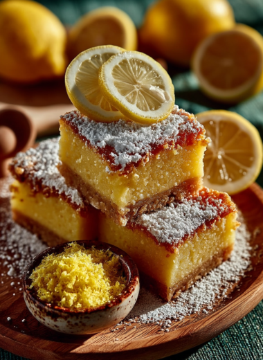 Golden buttery lemon bars dusted with powdered sugar showing crispy shortbread base and creamy filling, easy homemade dessert