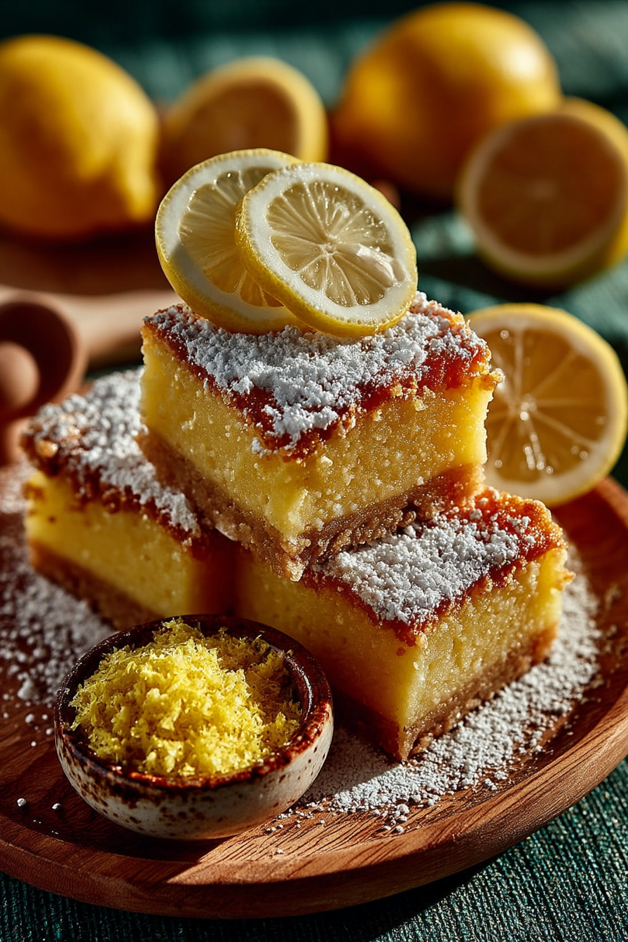 Golden buttery lemon bars dusted with powdered sugar showing crispy shortbread base and creamy filling, easy homemade dessert