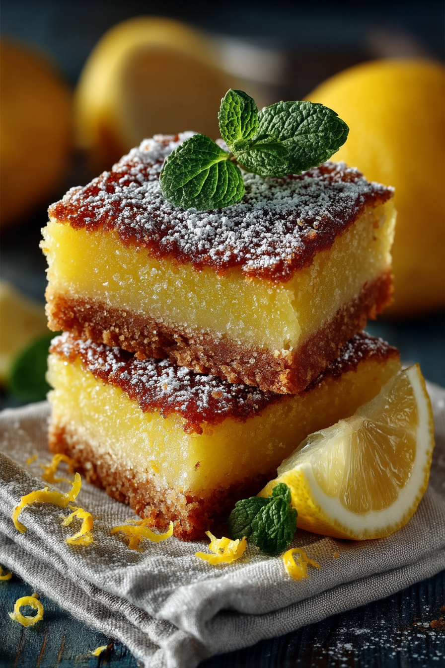 Golden buttery lemon bars dusted with powdered sugar showing crispy shortbread base and creamy filling, easy homemade dessert