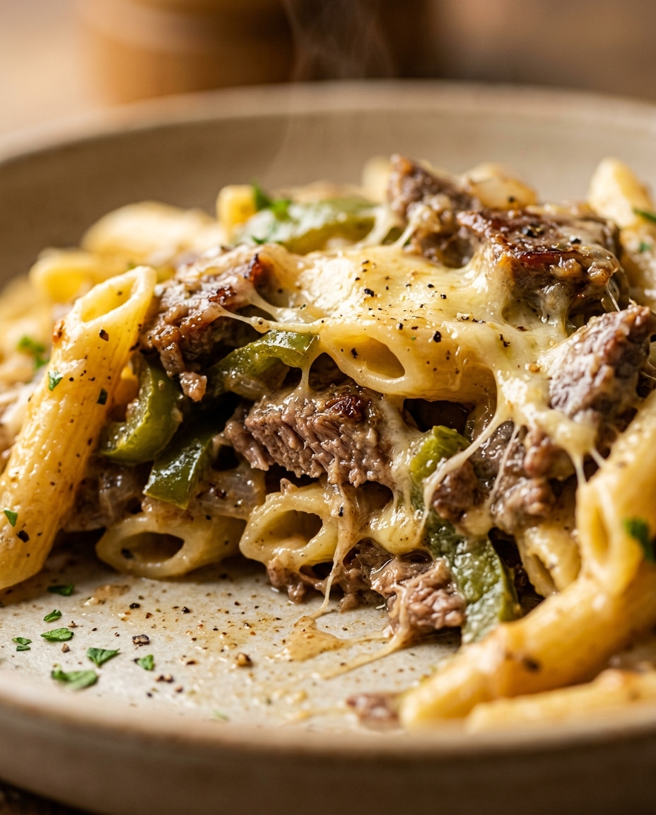 Close-up showing the texture and inside of Easy Philly Cheesesteak Pasta Recipe