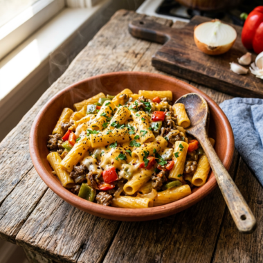 Creamy Philly Cheesesteak Pasta in a bowl with beef, peppers, and melted cheese