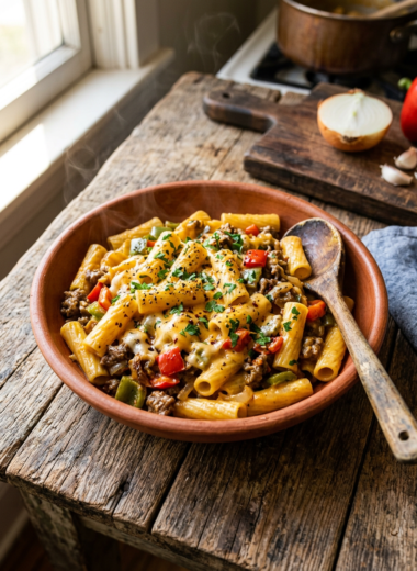 Creamy Philly Cheesesteak Pasta in a bowl with beef, peppers, and melted cheese