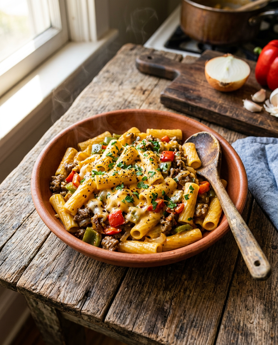 Creamy Philly Cheesesteak Pasta in a bowl with beef, peppers, and melted cheese
