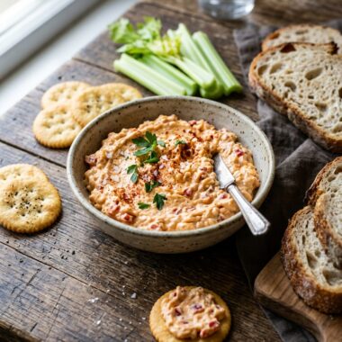 Easy pimento cheese recipe spread in bowl with crackers and vegetables for serving