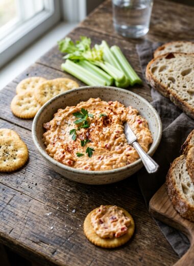 Easy pimento cheese recipe spread in bowl with crackers and vegetables for serving