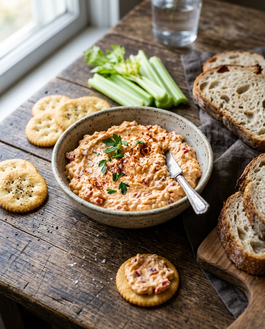 Easy pimento cheese recipe spread in bowl with crackers and vegetables for serving
