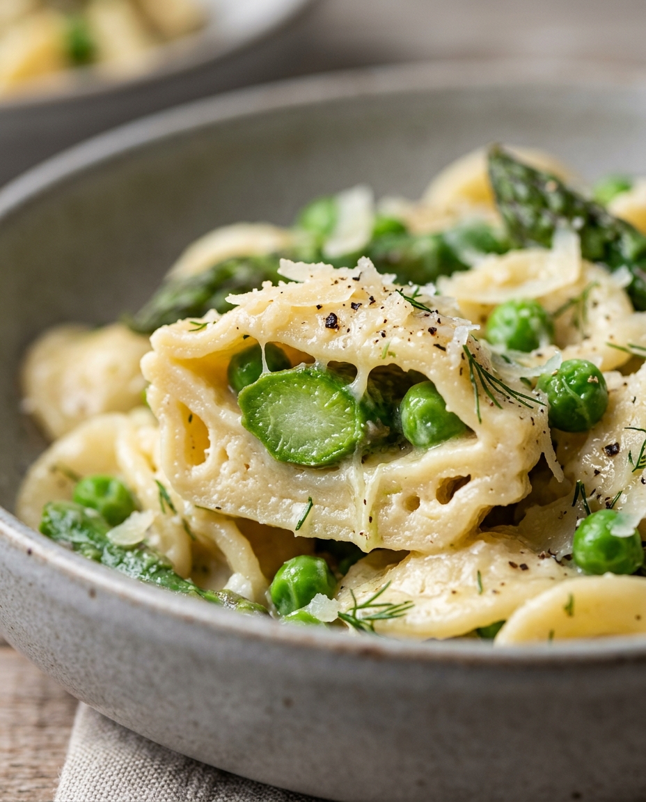 Close-up showing the texture and inside of Easy Spring Vegetable Pasta with Asparagus and Peas
