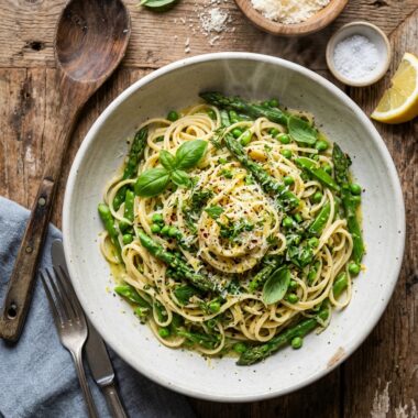 Easy spring vegetable pasta with asparagus and peas in creamy lemon sauce topped with fresh herbs