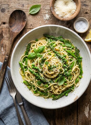 Easy spring vegetable pasta with asparagus and peas in creamy lemon sauce topped with fresh herbs