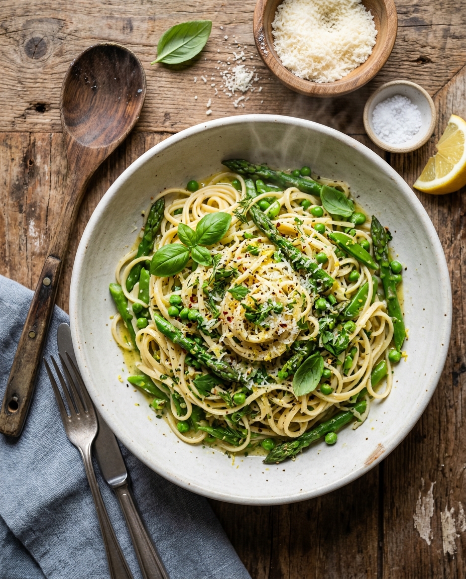 Easy spring vegetable pasta with asparagus and peas in creamy lemon sauce topped with fresh herbs