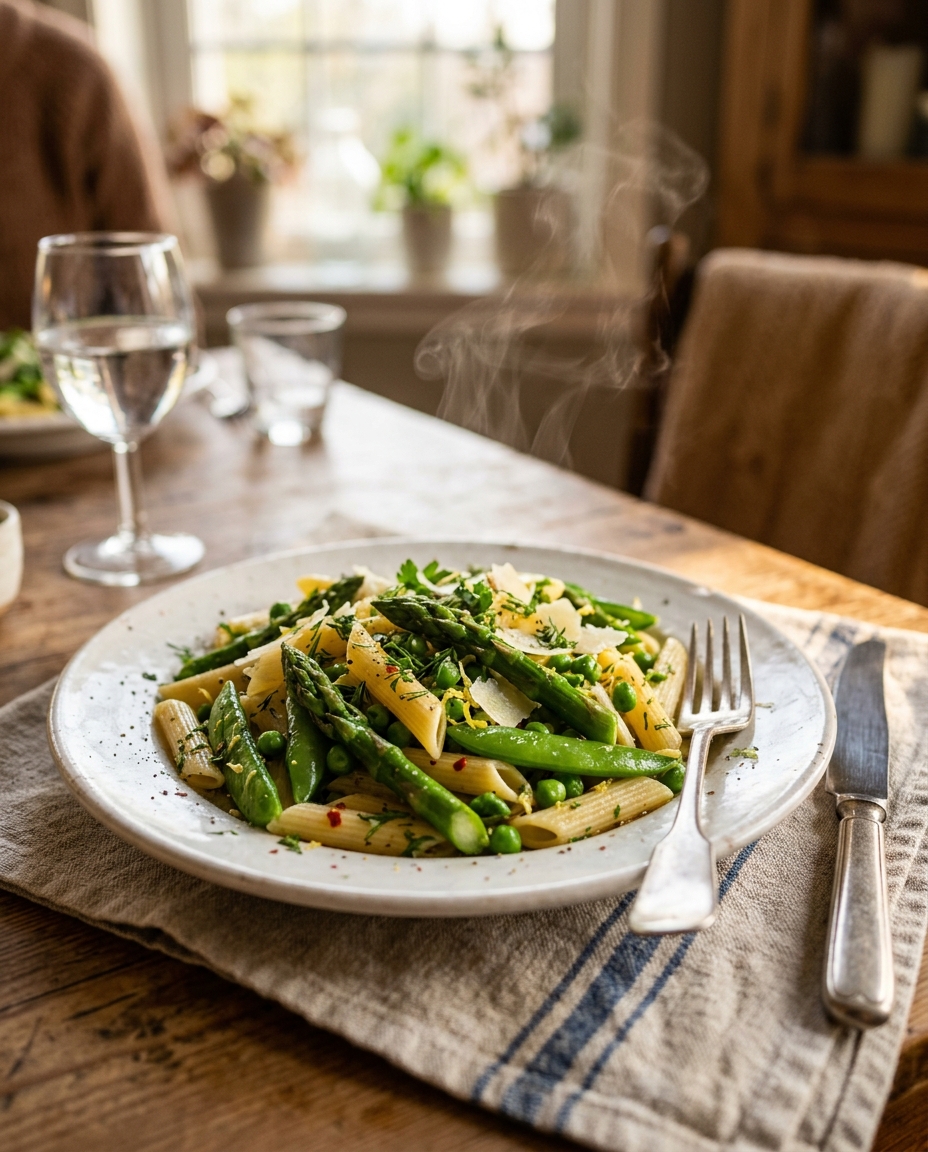 Easy Spring Vegetable Pasta with Asparagus and Peas served on a plate ready to eat