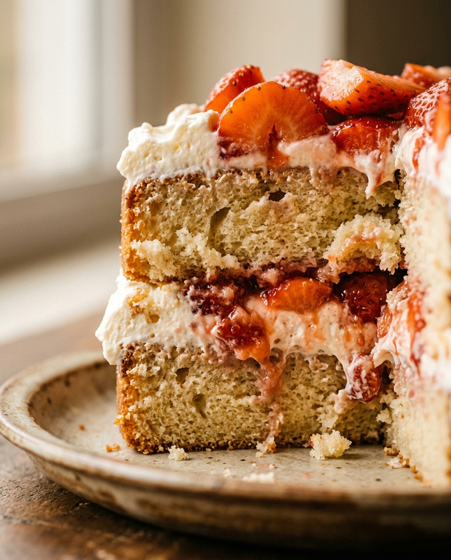 Close-up showing the texture and inside of Easy Strawberries and Cream Cake Recipe