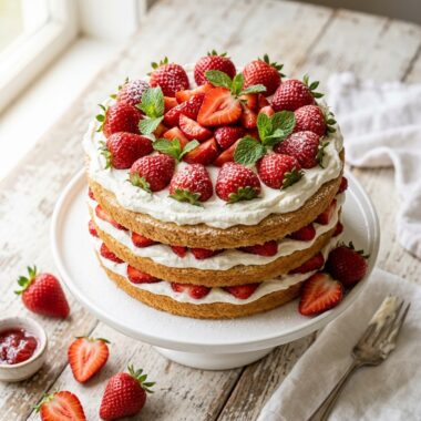 Layered strawberries and cream cake with fresh strawberries, whipped cream, and vanilla cake on white background