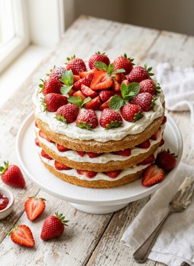 Layered strawberries and cream cake with fresh strawberries, whipped cream, and vanilla cake on white background