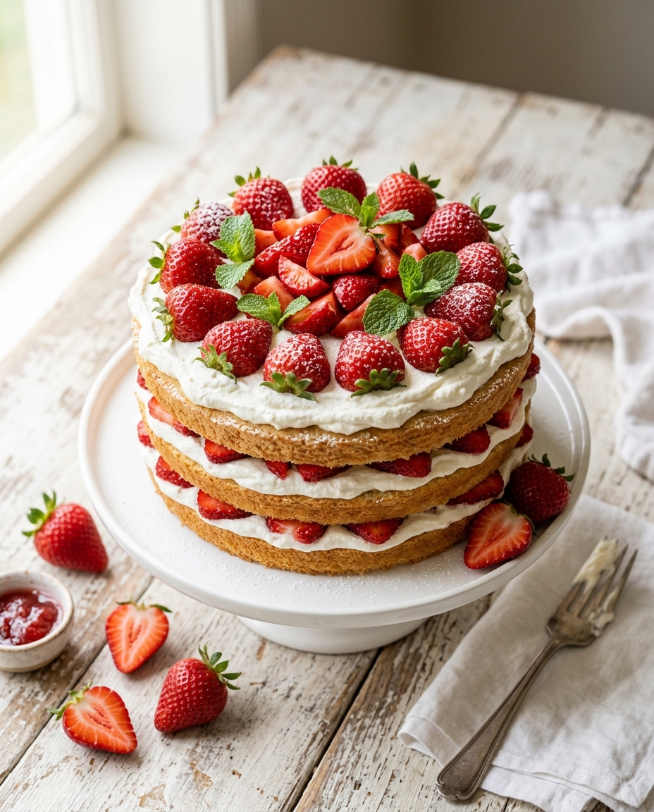 Layered strawberries and cream cake with fresh strawberries, whipped cream, and vanilla cake on white background