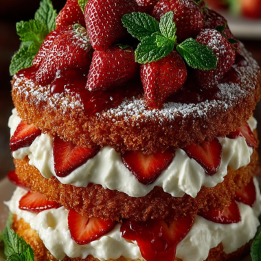 Homemade easy strawberry shortcake with vanilla cake, whipped cream and fresh strawberries