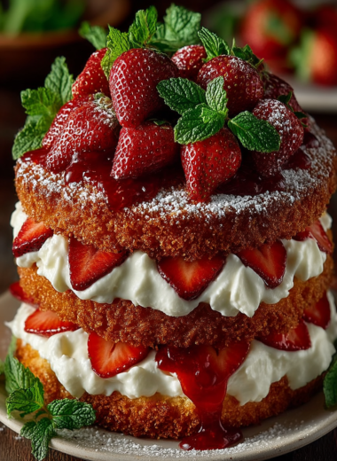 Homemade easy strawberry shortcake with vanilla cake, whipped cream and fresh strawberries
