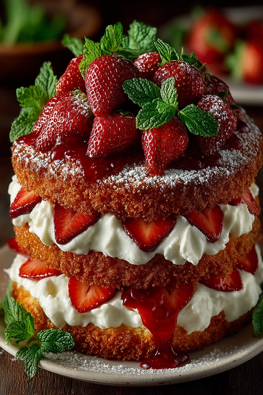 Homemade easy strawberry shortcake with vanilla cake, whipped cream and fresh strawberries