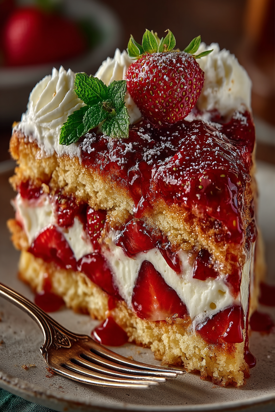 Homemade easy strawberry shortcake with vanilla cake, whipped cream and fresh strawberries