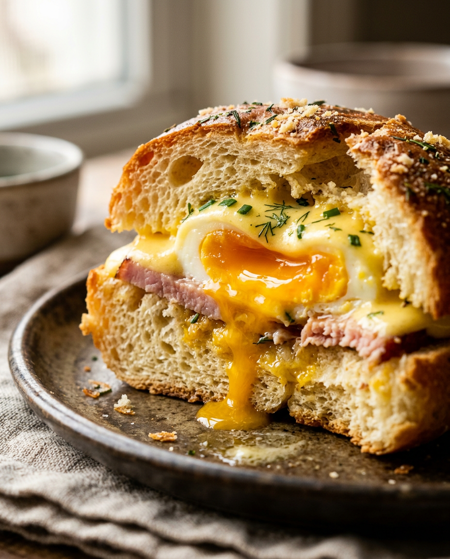Close-up showing the texture and inside of Eggs Benedict Rolls Recipe