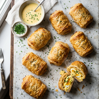 Golden puff pastry eggs benedict rolls on marble surface with fresh herbs garnish