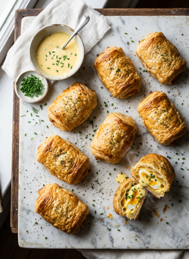 Golden puff pastry eggs benedict rolls on marble surface with fresh herbs garnish