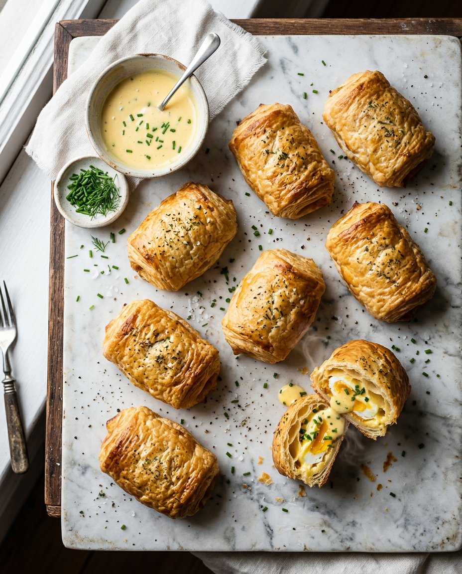 Golden puff pastry eggs benedict rolls on marble surface with fresh herbs garnish