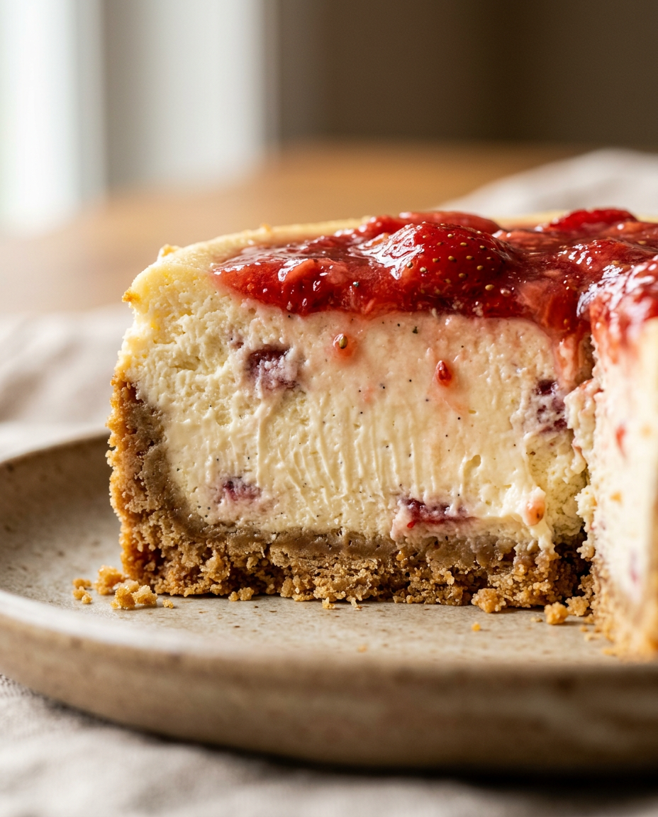 Close-up showing the texture and inside of Fresh Strawberry Cheesecake Recipe