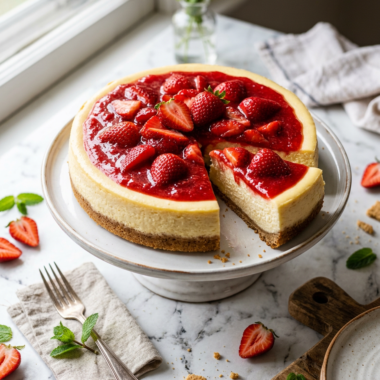 Fresh strawberry cheesecake recipe with creamy filling and bright red strawberry topping