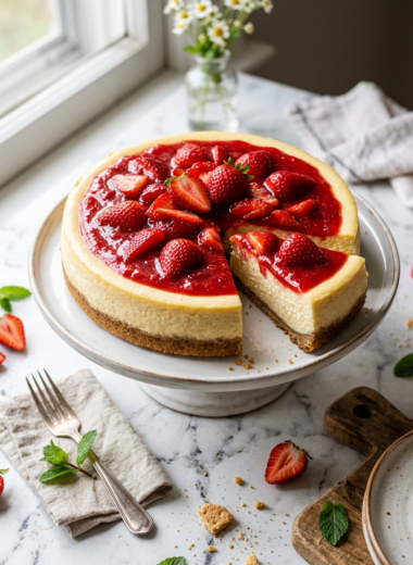Fresh strawberry cheesecake recipe with creamy filling and bright red strawberry topping