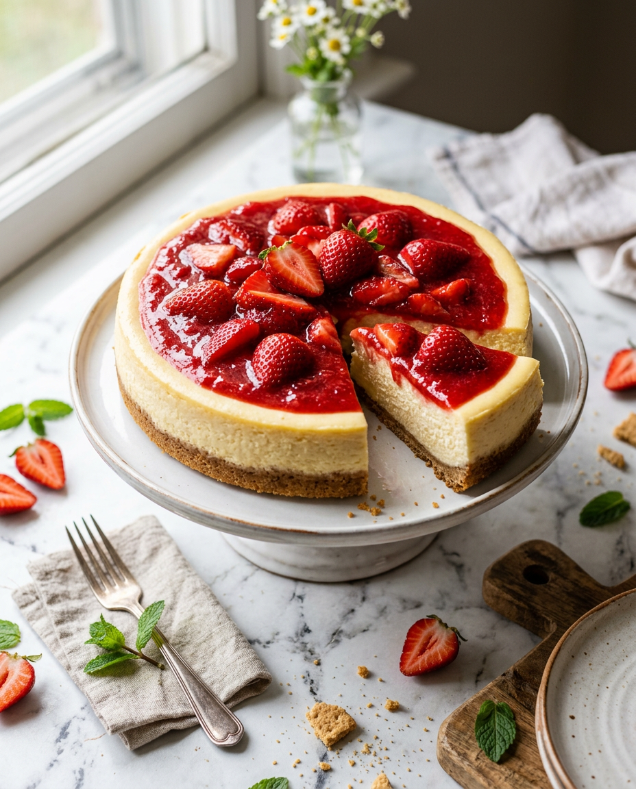 Fresh strawberry cheesecake recipe with creamy filling and bright red strawberry topping